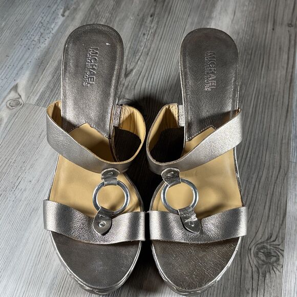 Michael Kors Marin Slide MC Gold Bronze 3.5” Wedge Sandal Silver Ring US 9 - Picture 3 of 16